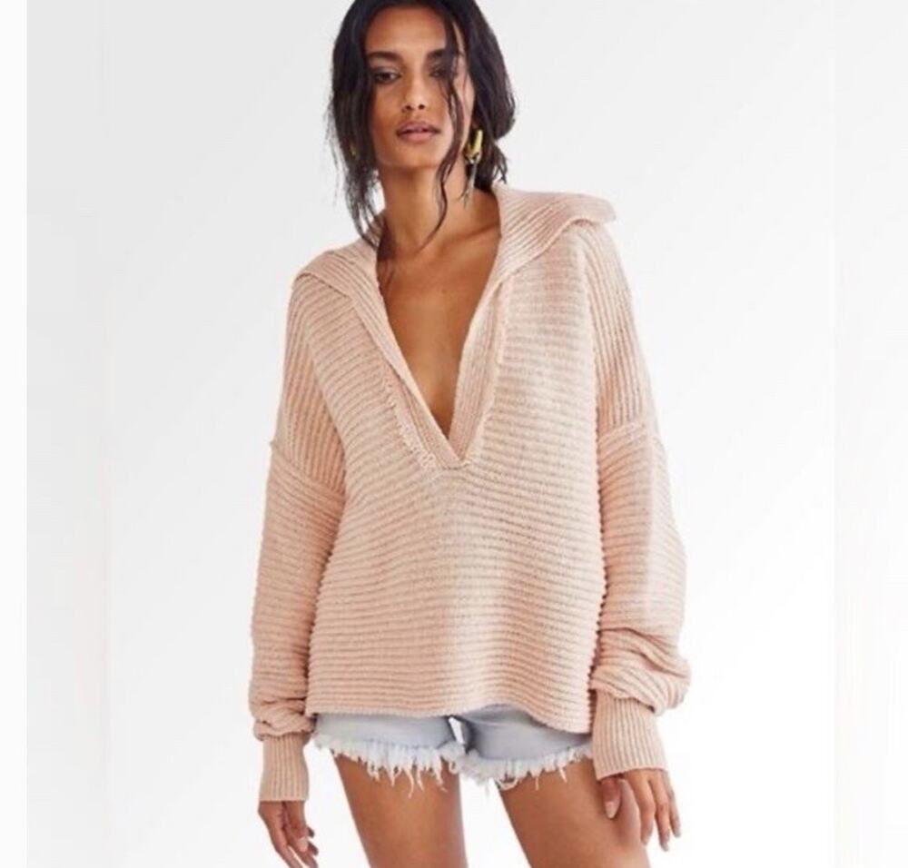 Free People Marley Ribbed V-Neck Collared Oversized Sweater Large Pink Boho